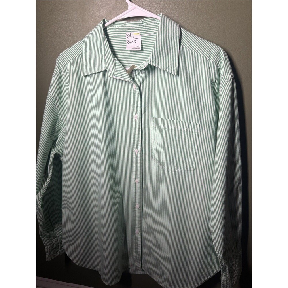 NWT OFFLINE by Aerie Women S Green White Striped Button Up Shirt Oversized